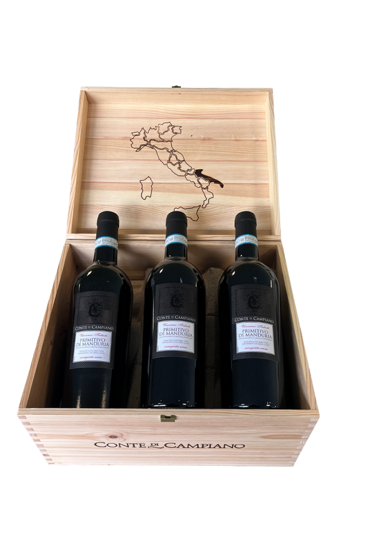 CAISSE BOIS PRIMITIVO DI MANDURIA DOC BAROS CONTE DI CAMPIANO