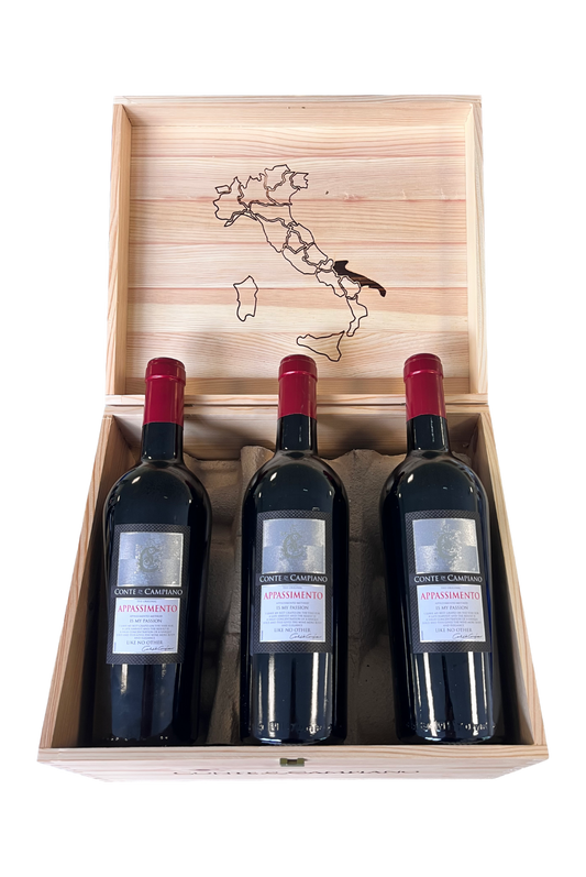 CAISSE BOIS APPASIMENTO NEGROAMARO PASSITO SALENTO BAROS CONTE DI CAMPIANO